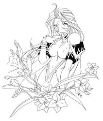 breasts catthouse catthouse_studios clothing cum cum_between_breasts cum_on_chest cum_on_hair facial female flowers line_art mac_(artist) monochrome nipples oh_my_goddess! small_breasts urd white_hair