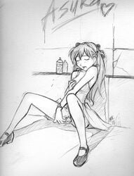 2003 asuka_langley_sohryu catthouse_studios clothed_masturbation clothing dildo dress mac_(artist) masturbation monochrome neon_genesis_evangelion small_breasts tagme