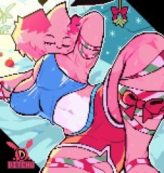 1girls armpits arms_behind_head arms_up artist_self-insert belly belly_button big_boobs big_breasts big_thighs booty_calls brazilian brazilian_female breasts bunny bunny_ears bunny_girl christmas christmas_decorations christmas_ornaments christmas_wrapped ditchu ditchu_(oc) female female_only gym_shorts huge_breasts huge_thighs looking_at_viewer loose_shirt lying_on_side mistletoe nipples_visible_through_clothing oc one_eye_closed original_character pink_body pink_fur pink_hair pixel_(artwork) pixel_art shirt sweat sweating sweaty thick_thighs tummy white_fur winking winking_at_viewer wrapped wrapped_up wrappings