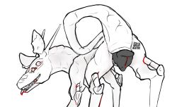 animal_genitalia animal_vulva anthro canine_genitalia canine_vulva cybernetics cyborg female feral genitals hi_res machine monochrome oil panzerhund_(skushi) presenting presenting_vulva qr_code_on_butt skushi solo vulva