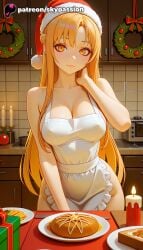 1girls 2025 ai_assisted ai_generated anime artist_name asuna_(sao) breasts brick_wall bust butter champagne christmas christmas_lights christmas_ornaments cleavage collarbone drinking_glass explicit fire fireplace frying_pan gift gift_box hat hi_res high_quality high_resolution highres holding_fork holding_plate holding_tray indoors ketchup kitchen lettuce long_hair merry_christmas orange_(fruit) orange_slice patreon patreon_username skypassion solo stable_diffusion sword_art_online sword_art_online:_alicization syrup tomato watermark wreath yuuki_asuna
