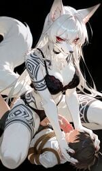 ai_generated anthro_on_human bodily_fluids bondage cum_in_mouth dominant_futa fox furry futa_on_male futanari glanzend lace_lingerie lingerie original_character sitting_on_person teell throat_fuck