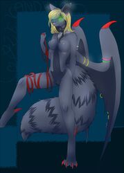 anthro bat blonde_hair breasts chest_tuft ear_piercing female fluffy_tail fur furry-specific_piercing gauged_ear grey_fur hair here-kitty--kitty heterochromia industrial_piercing lip_ring nipple_piercing nipples piercing pussy ribbons solo surface_piercing tuft wing_piercing