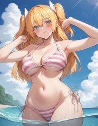 2.5_jigen_no_ririsa ai_generated amano_ririsa bare_legs beach big_breasts bikini bikini_top blue_eyes blush cosplay curvaceous curvy_female huge_breasts huge_thighs light-skinned_female light_skin liliel_(cosplay) lokokabooster69 looking_at_viewer massive_breasts orange_hair shounen_jump+ smiling solo_female squatting sweat sweatdrop thick_body thick_female thick_thighs twintails voluptuous voluptuous_female