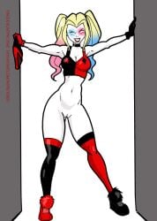 1girls batman_(series) bleached_skin blonde_hair blue_eyes blue_highlights bottomless choker dc dc_comics harleen_quinzel harley_quinn harley_quinn_(2019) harley_quinn_(series) highlights_(coloring) inspector97 looking_at_viewer medium_breasts multicolored_hair navel no_panties pale-skinned_female pale_skin pink_highlights pussy shaved_pussy smile smiling smiling_at_viewer solo solo_female topwear twintails vagina vulva white_skin