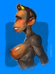 anthro ape black_body blue_background border breasts chimpanzee female hair half-length_portrait haplorhine humanoid mammal multicolored_hair neurodyne nipples pan_(genus) piercing portrait primate side_boob side_view simple_background slim smile solo teeth yello yellow_eyes