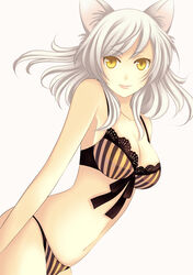 animal_ears beige_skin black_hanekawa bra cat_ears cleavage closed_mouth clothes female female_only hair hanekawa_tsubasa high_resolution long_hair looking_at_viewer monogatari_(series) open_eyes panties side_view solo underwear white_background white_hair yellow_eyes