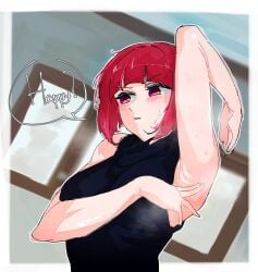 1girls 2023 arima_kana armpits bare_arms blush bob_cut english_text inverted_bob medium_breasts no_sex oshi_no_ko red_eyes red_hair sleeveless sleeveless_sweater smugigante sole_female solo text window