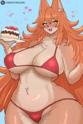 absurd_res anthro big_breasts bikini blush breasts cake canid canine canis cherifokkusu clothed clothing curvy_figure dessert digital_media_(artwork) female female_anthro food fruit fur green_eyes hair hi_res huge_breasts kemono looking_at_viewer mammal ookami-chan_(suurin_2) open_mouth orange_body orange_fur orange_hair plant simple_background smile solo strawberry swimwear thick_thighs two-piece_swimsuit wide_hips wolf