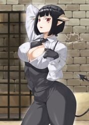 absurdres arm_behind_head arm_up black_gloves black_hair black_necktie black_pants blunt_bangs breasts brick_wall cleavage closed_mouth collared_shirt commentary_request cowboy_shot demon_girl demon_horns demon_tail female gloves highres hime-sama_"goumon"_no_jikan_desu horns large_breasts long_sleeves looking_at_viewer mbr90munouk necktie pants pointy_ears red_eyes red_lips shirt short_hair solo standing stone_wall tail thick_thighs thighs tortura_torture torture_tortura vest wall white_shirt