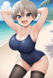 ai_generated bare_legs beach blue_eyes gigantic_breasts grey_hair huge_breasts huge_thighs light-skinned_female light_skin lokokabooster69 looking_at_viewer massive_breasts one-piece_swimsuit short_hair shortstack smiling solo_female squatting stockings sweat sweatdrop thick_body thick_female thick_thighs thighs uzaki-chan_wa_asobitai! uzaki_hana voluptuous voluptuous_female