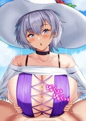 1boy 1girls alternate_costume azur_lane beach beach_sex bikini blush breasts cleavage clothed_paizuri coast consensual_paizuri consenting_female covered_paizuri cum cum_between_breasts cum_in_cleavage cum_on_breasts cumming_between_breasts cumming_from_paizuri cumming_in_cleavage cumshot cumshot_in_chest cumshot_in_cleavage dialogue eagle_union_(azur_lane) ear_piercing ejaculating_cum ejaculating_in_cleavage ejaculation ejaculation_between_breasts engulfing_paizuri eyebrows_visible_through_hair gekisum grey_hair happy_female happy_paizuri hat huge_breasts japanese_text licking_lips light-skinned_female light-skinned_male light_skin looking_at_viewer male_pov official_alternate_costume outdoors paizuri paizuri_lead_by_female paizuri_under_bikini paizuri_under_clothes piercing pov purple_bikini purple_eyes purple_swimsuit reno_(azur_lane) reno_(summer_spin-off)_(azur_lane) sky sun_hat surprised surprised_expression swimsuit swimsuit_paizuri swimzuri text titty_creampie