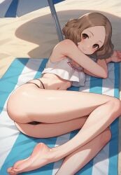 1girls ai_generated atlus beach beach_towel bikini brown_hair brown_hair_female curly_hair curly_hair_female female female_focus female_only haru_okumura light-skinned_female light_brown_hair light_skin looking_at_viewer megami_tensei persona persona_5 robinlover sega short_hair short_hair_female solo solo_female solo_focus tagme