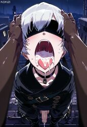 2boys after_fellatio after_oral ai_generated blindfold cum cum_in_mouth cum_trail dark-skinned_male femboy gay head_grab kokizi light-skinned_male male masked nier:_automata open_mouth small_penis tongue_out white_hair yaoi yorha_9s