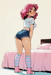 ai_generated bedroom civitai embarrassed facing_away freckles generated_by_nanek jean_shorts perky_breasts pink_striped_socks ran red_eyes red_hair tight_t-shirt urusei_yatsura