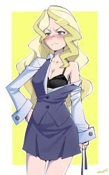 angry annoyed artist_name black_bra blonde_hair blue_eyes blush border bra bra_peek bra_strap breasts cleavage collarbone commentary diana_cavendish dress embarrassed english_commentary female hand_on_own_hip highres jacket little_witch_academia long_hair long_sleeves luna_nova_school_uniform medium_breasts nose_blush off_shoulder open_clothes open_jacket outside_border school_uniform shirt solo underwear wavy_hair white_border witch woogleboy