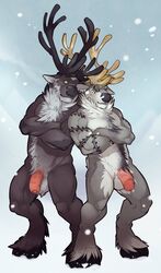 2014 anthro antlers balls barefoot caribou flaccid furry green_eyes hooves horn male male_only multiple_males no_swift nude open_mouth penis shadowweasel sky snow tagme tattoo thundergrey uncut