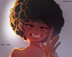 1boy 1femboy afro babe_(seruroku) dark-skinned_femboy dark-skinned_male dark_hair dark_skin face femboy male male_only presenting seruroku sfw shirtless shirtless_male smile solo solo_focus solo_male waving