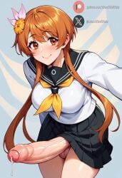 1futa ai_generated balls big_breasts big_penis blush clothed cock dickgirl erection flower_in_hair foreskin futa_only futanari hair_ornament huge_cock large_breasts light-skinned_futanari light_skin long_hair looking_at_viewer nisekoi orange_eyes orange_hair penis precum roxygtf school_uniform schoolgirl selfie solo standing tachibana_marika twintails