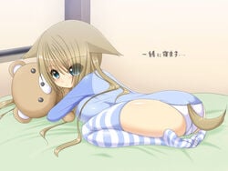 4:3 all_fours animal_ears ass bed big_breasts blue_eyes breasts brown_hair cat_ears cute female hair hindpaw kneeling large_breasts panties paws plushie raglan_sleeves rilakkuma rilakkuma_(series) san-x shuz_(dodidu) solo stripes teddy_bear thighhighs translated underwear wallpaper