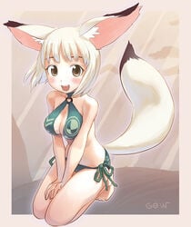 animal_ears bare_shoulders barefoot beige_skin bikini black_fur breasts brown_eyes canine cleavage clothed clothes color female female_only fennec fox_ears fox_girl fox_tail front_view fur furry_ears furry_tail hair kemonomimi kneeling mammal o-ring_bikini_top open_eyes open_mouth pointy_ears raised_tail short_hair side-tie_bikini skimpy solo swimsuit tail tougetsu_gou white_fur white_hair