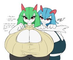 2girls blue_hair breasts busty cleavage_window curvaceous curvy djthepokemen enormous_breasts gigantic_breasts green_hair guardian huge_ass huge_breasts huge_thighs inner_hair kirlia large_ass medium_hair pokemon pokemon_(species) protective shiny_pokemon short_hair shortstack shoulder_length_hair shy sweater sweater_vest timid tsundere