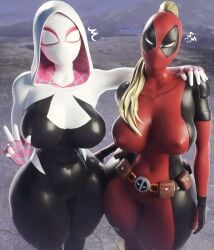 2girls antiheroine big_breasts breasts costume deadpool deadpool_&_wolverine_(2024) deadpool_(film) deadpool_corps giant_woman giantess giga_giantess gwen_stacy heroine hips lady_deadpool looking_at_viewer marvel older_female spider-gwen spider-man:_across_the_spider-verse spider-man:_into_the_spider-verse spider-man_(series) superheroine thick_thighs thighs tight_clothing wide_hips wotm8h8 younger_female