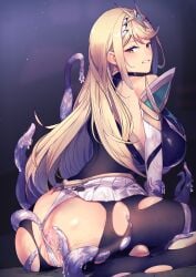 absurdres anus ass black_pantyhose blonde_hair breasts clenched_teeth clothing_aside comiket_104 commentary_request cum cum_in_ass cumdrip elbow_gloves female gloves highres huge_breasts interspecies long_hair looking_back microskirt mythra_(massive_melee)_(xenoblade) mythra_(xenoblade) panties panties_aside pantyhose sitting skirt solo swept_bangs teeth tentacle tiara torn_clothes torn_pantyhose underwear wariza white_gloves white_panties white_skirt xenoblade_(series) xenoblade_chronicles_(series) xenoblade_chronicles_2 yatai_(ya2taic) yellow_eyes