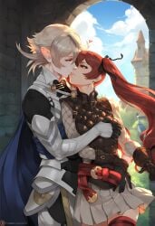 1boy 1girls ai_generated blond_hair clothed corrin_(fire_emblem) corrin_(fire_emblem)_(male) female fire_emblem fire_emblem_heroes groping hand_on_breast kissing lsjsim128 male nintendo pointy_ears red_eyes red_hair selena_(fire_emblem_fates) severa_(fire_emblem) twintails