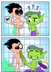 2boys batman_(series) beast_boy beast_boy_(teen_titans_go!) becoming_flaccid blowjob cringe dc dc_comics dick_grayson garfield_logan gay horse_penis horsecock male naked nude nude_male penis_in_mouth robin_(dc) robin_(dick_grayson) size_comparison size_talk skullfox teen_titans_go towel yaoi