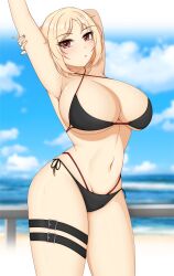 1girls armpits bikini blonde_hair blush large_breasts looking_at_viewer mp40_(girls'_frontline) red_eyes swimsuit thigh_strap