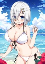 beach bikini blue_eyes breasts collarbone day eyes_visible_through_hair female female_only flower front-tie_top hair_ornament hair_over_one_eye hairclip hamakaze_(kantai_collection) hibiscus highres kantai_collection kuroko_(user_jtty5588) large_breasts looking_at_viewer navel o-ring o-ring_bikini o-ring_top ocean short_hair side-tie_bikini_bottom silver_hair solo solo_female swimsuit water white_bikini