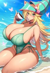 1female 1girls ai_generated beach big_breasts bimbo cat_ears cat_tail coffee cup curves curvy curvy_body curvy_female curvy_figure dan16369336 dark_magician_girl female female_only green_hat lingerie long_tail milf pointy_hat shonen_jump shueisha sole_female spiral tagme tail twitter_link weekly_shonen_jump weekly_shounen_jump yu-gi-oh!