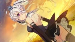 :3 ahoge arms_at_sides ass black_panties black_thighhighs breasts closed_mouth cowboy_shot crown detached_sleeves dress dutch_angle female from_behind game_cg garter_straps hair_between_eyes hair_ribbon hairband highres light_purple_hair long_hair looking_at_viewer looking_back medium_breasts mini_crown non-web_source orange_sky outdoors panchira panchira_(standing) panties pantyshot prison_princess purple_eyes ribbon short_dress sky smile solo sunset thighhighs twintails underwear yamacchi zena_(prison_princess)