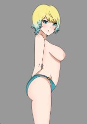 1girls alternate_costume ass bare_arms bare_midriff bare_thighs big_ass bikini bikini_bottom blonde_hair blue_bikini blue_hair blue_swimsuit blush breasts earrings female female_only fire_emblem fire_emblem_heroes fjorm_(fire_emblem) fjorm_(summer)_(fire_emblem) grey_background li9mo looking_at_viewer medium_breasts midriff multicolored_hair nintendo nipples official_alternate_costume short_hair smile solo swimsuit thighs topless yellow_hair