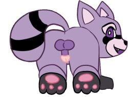 animated anthro balls bent_over clothing digital_media_(artwork) genitals indigo_park looking_back male mammal miniraaaa park pawpads paws penis procyonid purple_body purple_eyes raccoon rambley_(indigo_park) rambley_raccoon solo