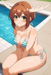 :3 ai_generated bare_legs big_breasts bikini bikini_top brown_hair deer_girl deer_humanoid green_eyes horn horns huge_breasts huge_thighs large_breasts light-skinned_female light_skin lokokabooster69 looking_at_viewer my_deer_friend_nokotan poolside shikanoko_noko shikanoko_nokonoko_koshitantan short_hair smiling squatting sweat sweatdrop thick_body thick_female thick_thighs thighs voluptuous voluptuous_female