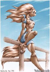 1990s 1998 20th_century against_fence blue_sky breasts clothing cloud cutoffs denim_shorts equine female fence hair hooves horse karabiner nipples ring shorts solo