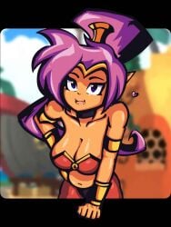 1girls big_breasts blue_eyes bracelet bracelets cleavage clothed dark-skinned_female dark_skin genie genie_girl long_ponytail looking_at_viewer open_mouth ponytail purple_hair red_clothing saifamelar shantae shantae_(character) smooth_skin solo_female tied_hair