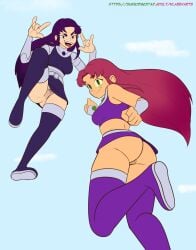 2girls alien alien_girl alien_girls ass big_ass blackfire bottomless butt cartoon_network dc dc_comics hand_signs klassyarts_(artist) multiple_girls no_panties no_panties_under_skirt pubic_hair pussy starfire teen_titans tongue_out toonami upskirt