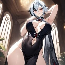 ai_generated arlecchino_(genshin_impact) armpits black_dress dress genshin_impact ministro sideboob x-shaped_pupils