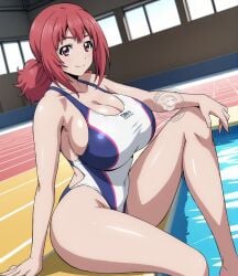 ai_generated bare_legs big_ass big_breasts big_butt fat_ass huge_breasts huge_thighs keijo!!!!!!!! light-skinned_female light_skin lokokabooster69 looking_at_viewer massive_breasts one-piece_swimsuit pink_eyes poolside red_body smiling solo_female squatting sweat sweatdrop thick_body thick_female thick_thighs thighs thighs_bigger_than_head toyoguchi_non twintails voluptuous voluptuous_female