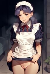 ai_generated bangs clothed female flirting heavy_breathing indoors looking_at_viewer maid maid_headdress misato_katsuragi neon_genesis_evangelion open_mouth presenting purple_hair pussy revealing_clothes skindentation skirt smile