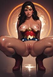 1girls ai_generated anus ashalota black_hair_female blue_eyes_female bottomless_female breasts corset_down dc dc_comics dc_super_hero_girls earrings female_only high_heel_boots looking_at_viewer nipples no_panties oiled_body pussy solo_female squatting tiara wonder_woman wonder_woman_(series)