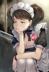 10s 1girls apron arm_support atlus becky_(persona) black_hair blush breasts brown_eyes brown_hair brown_hair_female choker cleavage clothed clothed_female clothing female female_focus female_only fully_clothed fully_clothed_female hagure_keg hand_on_own_cheek hand_on_own_face light-skinned_female light_skin looking_away maid maid_headdress maid_uniform megami_tensei persona persona_5 ribbon_choker sadayo_kawakami sega solo solo_female solo_focus twintails upper_body watch white_legwear wristwatch