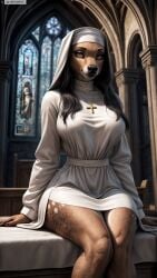 ai_generated anthro artist_name black_hair breasts church cross cross_necklace dress female female_anthro furry furry_female habit hi_res high_resolution highres indoors jewelry large_breasts latin_cross long_hair long_sleeves looking_at_viewer necklace nun photorealistic realistic sitting solo stable_diffusion stained_glass twitter twitter_username watermark white_dress yellow_eyes yiffyjiffy2 yiffyjiffy69