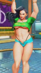 10s 1girls animated back_view belly_dancing big_breasts booty_shorts brazilian collar dark-skinned_female dark_hair front_view green_shirt jiggle_physics laura_matsuda midriff mod muscular_female open_fly revealing_clothes sf_screenshot shorts sidecut solo_female street_fighter street_fighter_v tagme underboob video