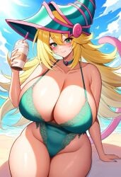 1female 1girls ai_generated beach big_breasts bimbo cat_ears cat_tail coffee cup curves curvy curvy_body curvy_female curvy_figure dan16369336 dark_magician_girl female female_only green_hat lingerie long_tail milf pointy_hat shonen_jump shueisha sole_female spiral tagme tail twitter_link weekly_shonen_jump weekly_shounen_jump yu-gi-oh!