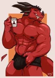 anthro barazoku beverage bulge clothing dragon drake_(disambiguation) fangs hi_res holding_bulge lilshark male mythological_creature mythological_scalie mythology nipples pecs scalie solo teeth underwear