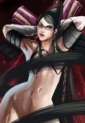 bayonetta bayonetta_(character) black_hair breasts convenient_censoring glasses gun hair_covering_breasts long_hair looking_at_viewer medium_breasts wicked_weave wink winking_at_viewer